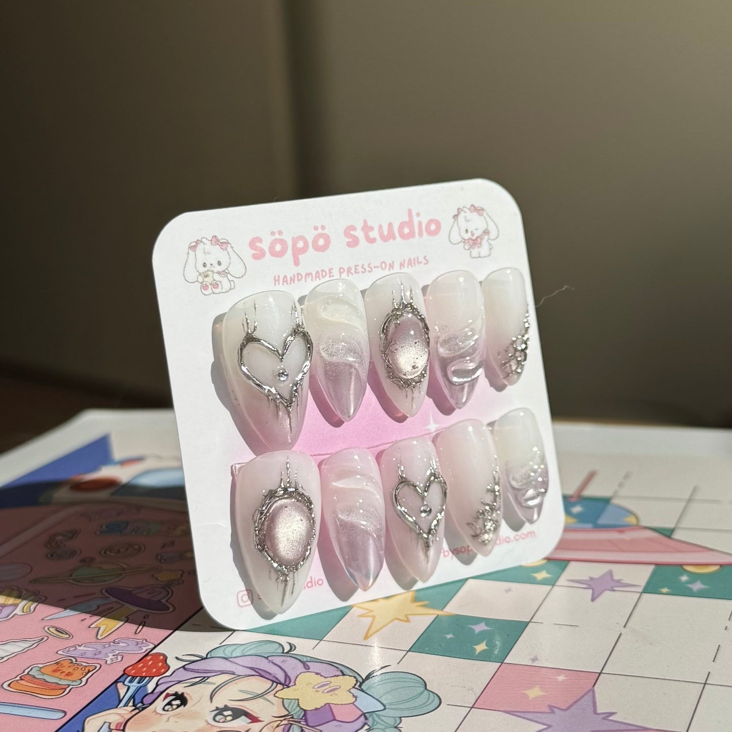 Glass Pastel Purple Metalic Heart Handmade Press-on Nails