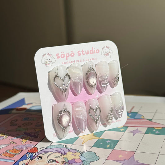 Glass Pastel Purple Metalic Heart Handmade Press-on Nails