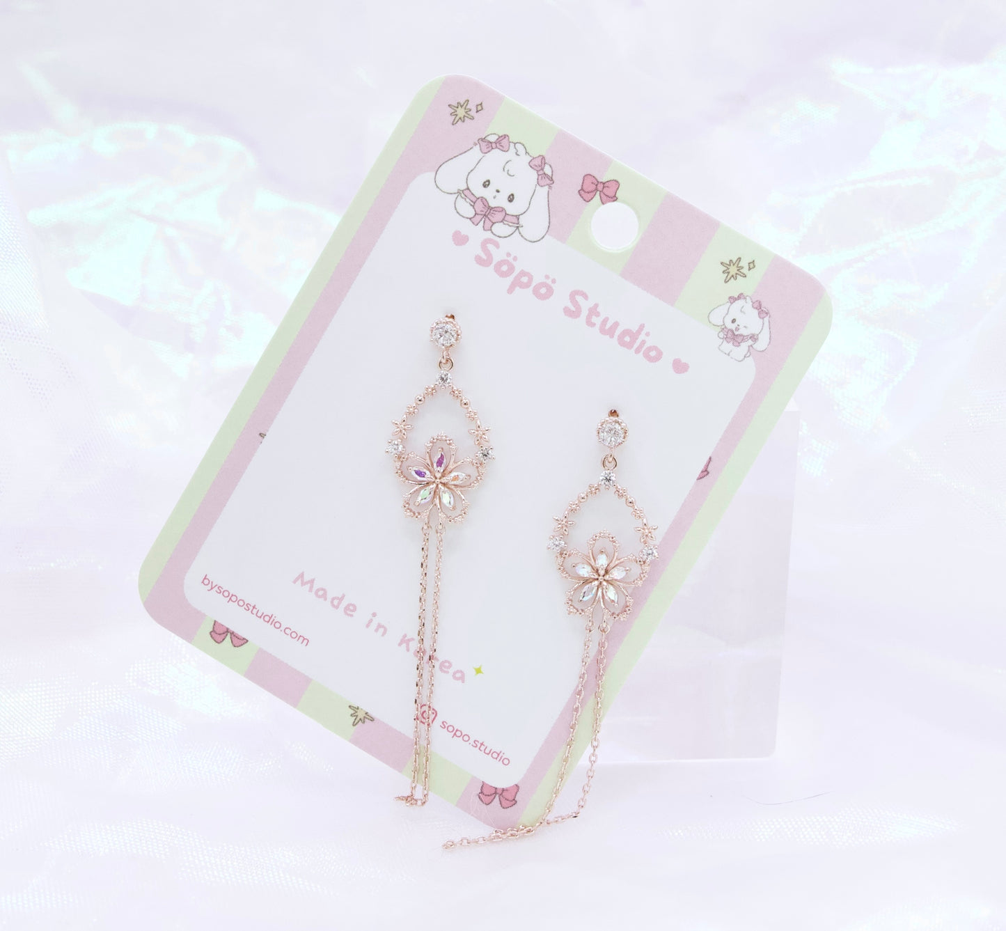 Glass Flower Cute Korean Dainty Style Chain Drops Earrings - 2 Colors