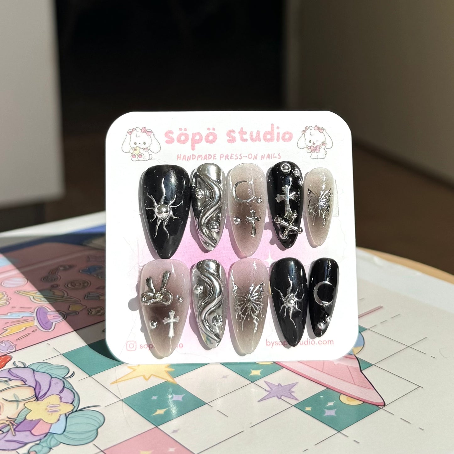 Celestial Chrome Butterfly Moon Handmade Press-on Nails