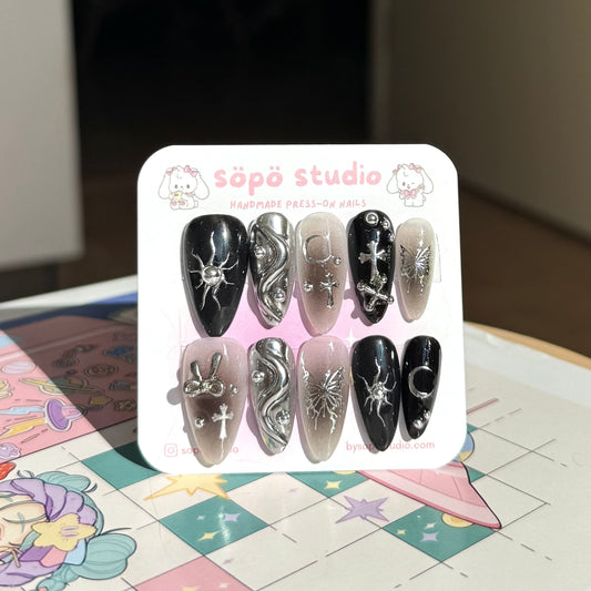 Celestial Chrome Butterfly Moon Handmade Press-on Nails