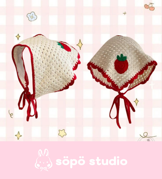 Crochet Triangle Cute Vintage Head Scarf - Red Strawberry