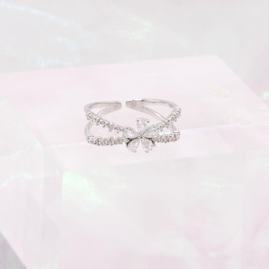 Crystal Snowy Flower 2 layered Korean Adjustable Ring