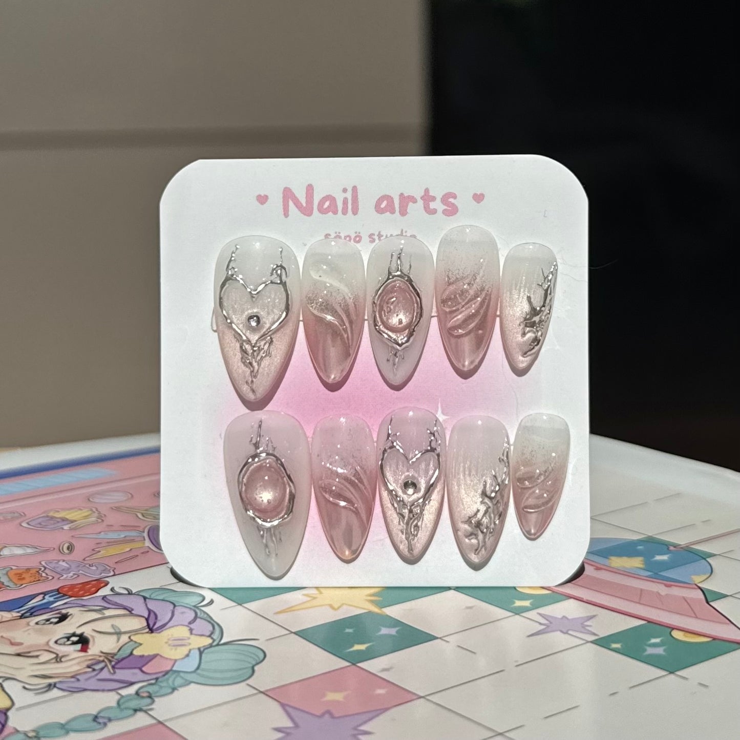 Pastel Glass Pink Metalic Heart Handmade Press-on Nails