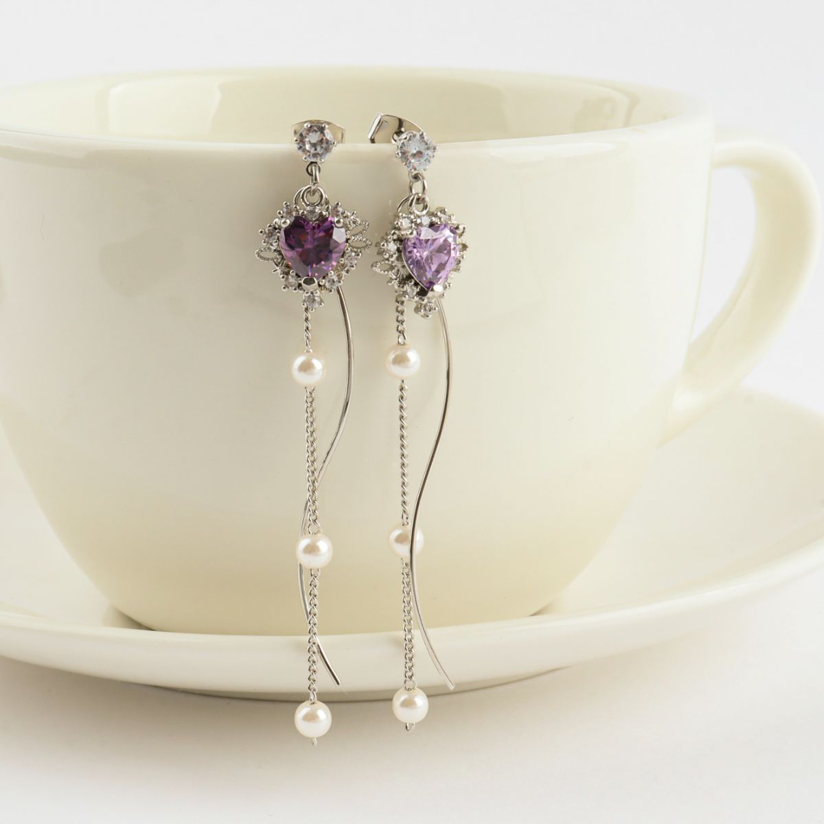 Stone Heart Pearl Drop Dangle Korean Dainty Style Earrings - 2 Colors