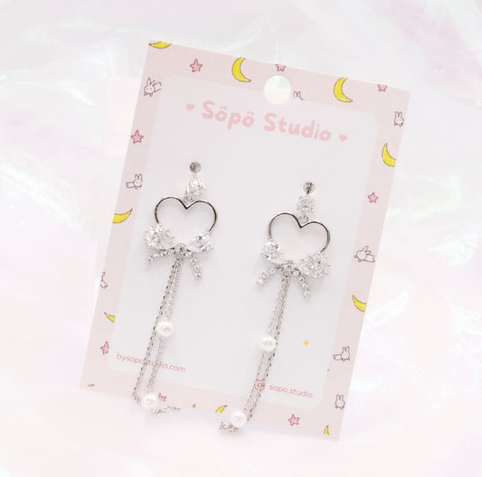 Kawaii Heart Crystal Ribbon Dangle Korean Dainty Style Earrings