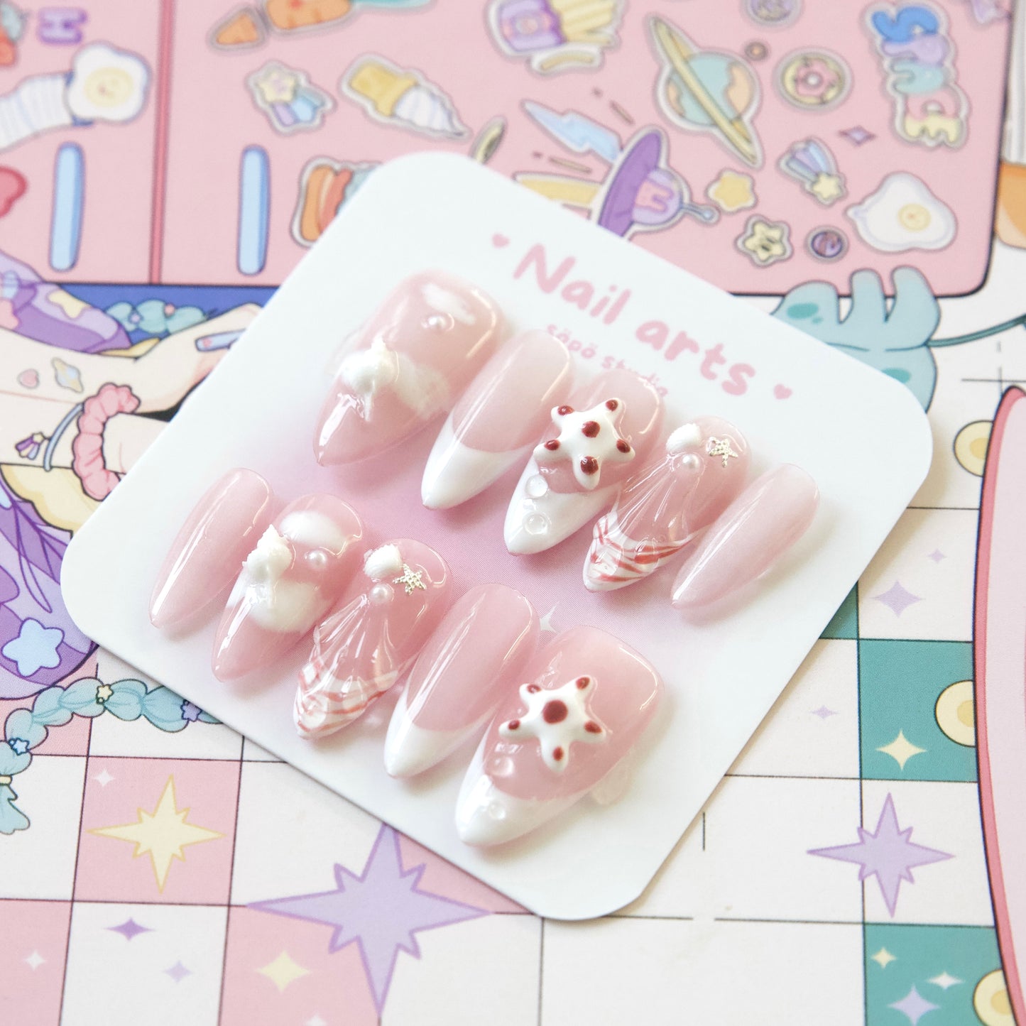 Red Pink Holiday Shellfish Ocean Themed Hand Draw Handmade Press-on Nails