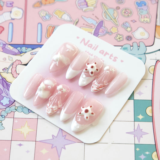 Red Pink Holiday Shellfish Ocean Themed Hand Draw Handmade Press-on Nails