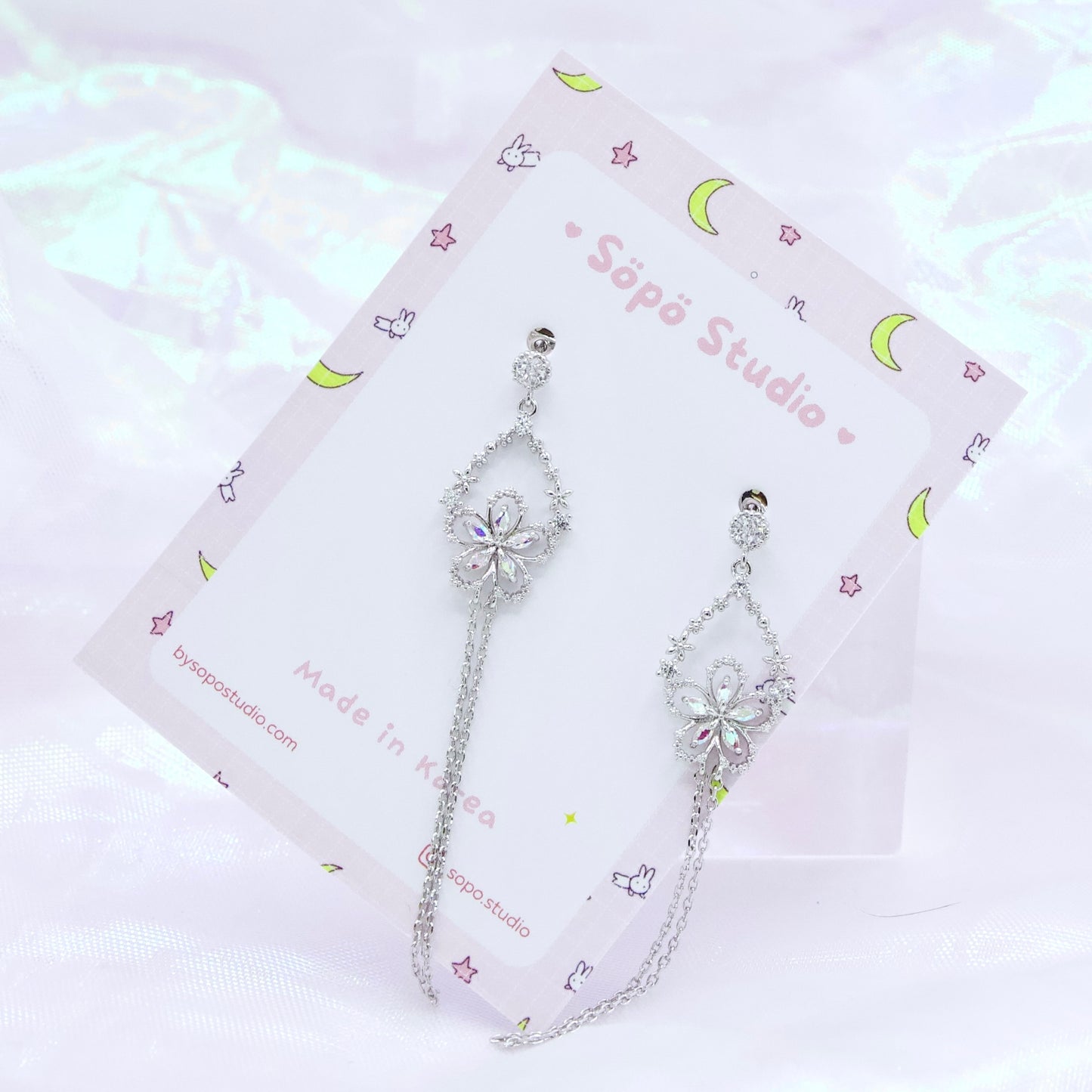 Glass Flower Cute Korean Dainty Style Chain Drops Earrings - 2 Colors