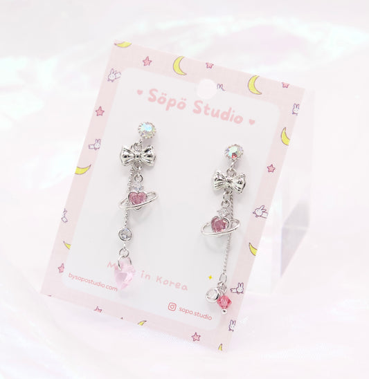 Mis-matched Pink Heart Planet Princesscore Dangle Korean Dainty Style Earrings