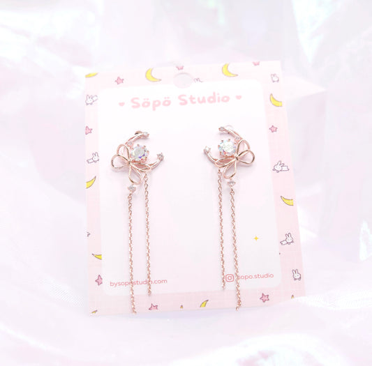 Crescent Moon Glitter Crystal Magical Chain Drop Earrings