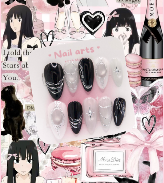 Cat Eyes Effect Black Metallic Punk Press-on Nails