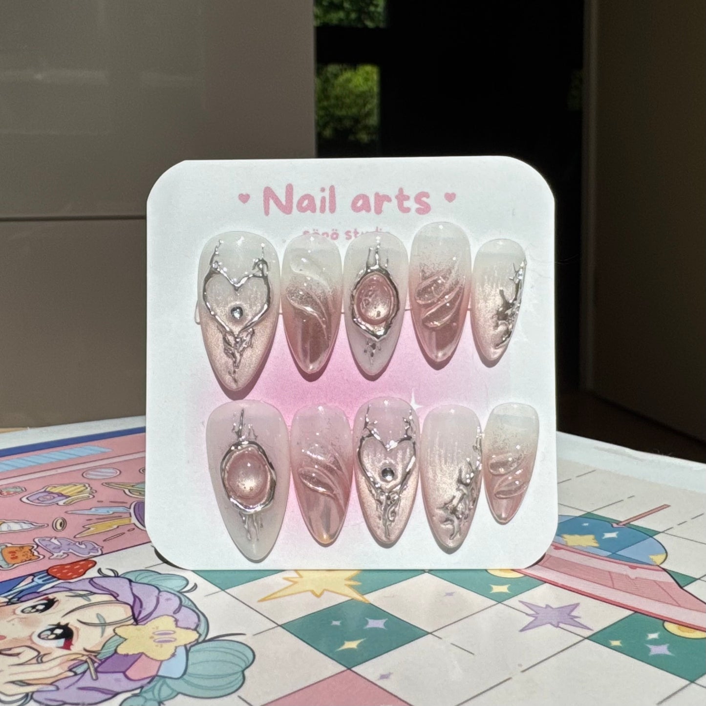 Pastel Glass Pink Metalic Heart Handmade Press-on Nails