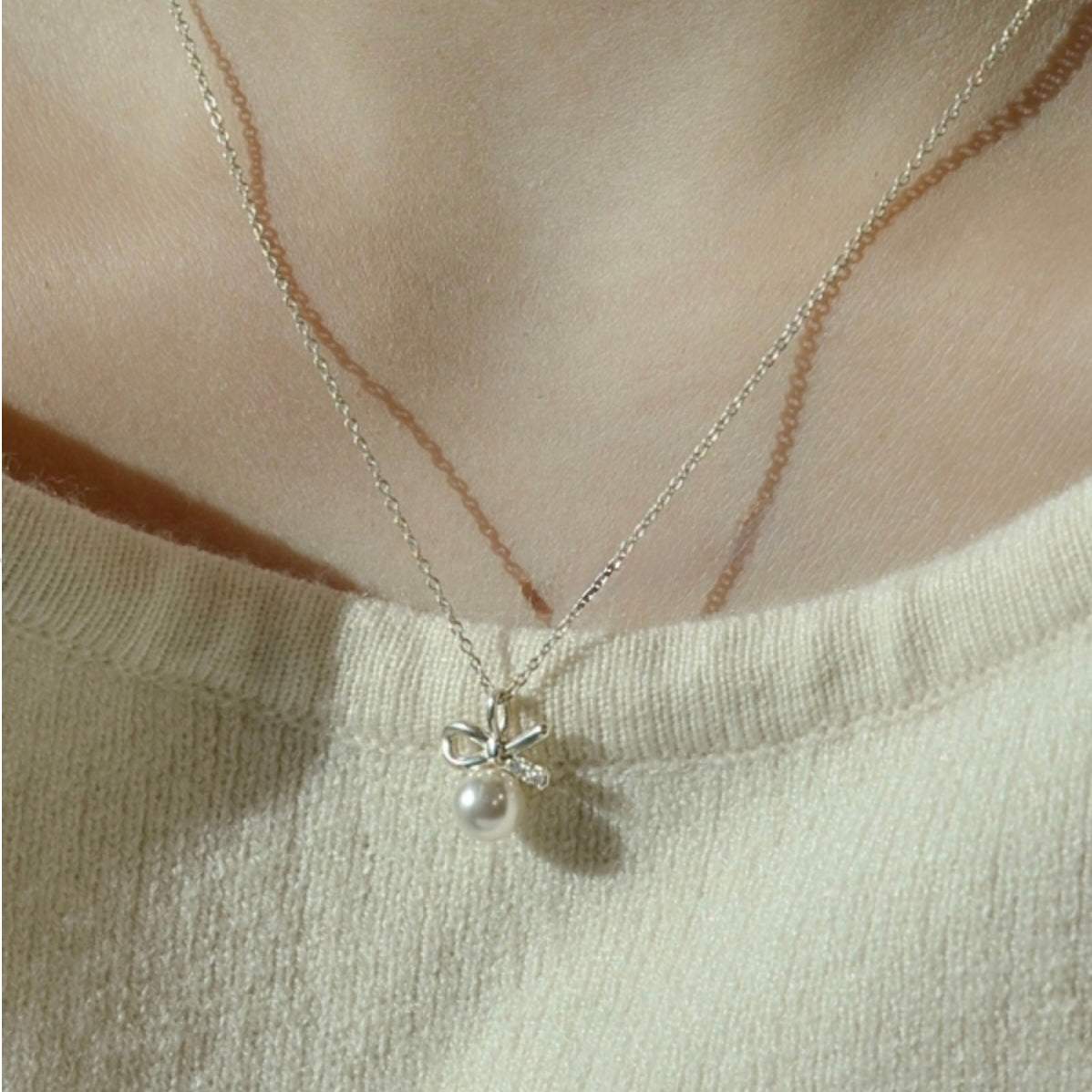 Sterling Silver Ribbon Swallow Pearl Elegant Korean Necklace