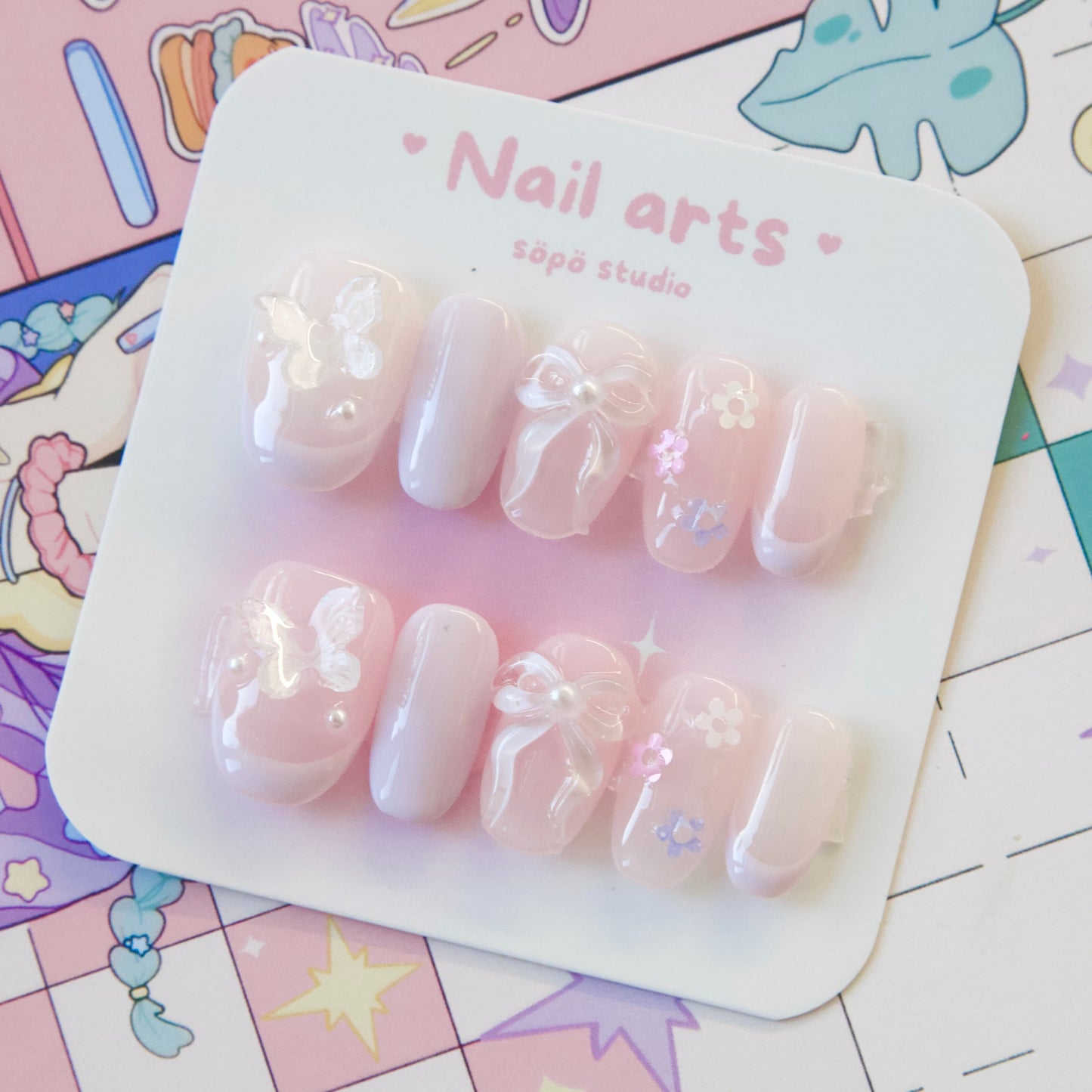 Daily Short Nails Soft Purple Ribbon Y2K Handmade Press-on Nails