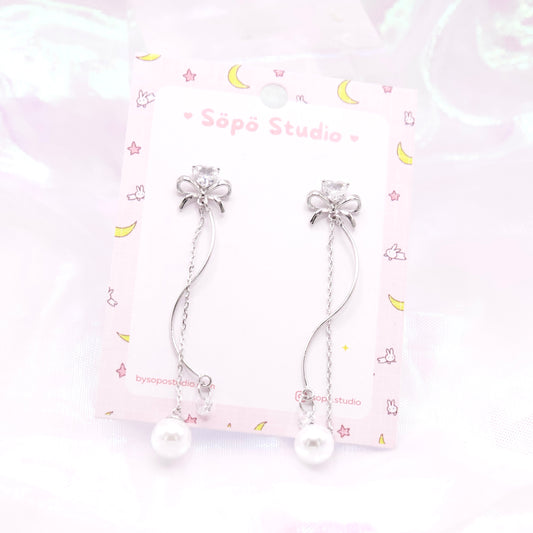 Heart Ribbon Pearl Drop Korean Earrings