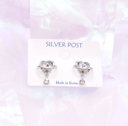 Planet Heart Crystal Drop Minimalist Studs Earrings - Silver Posts