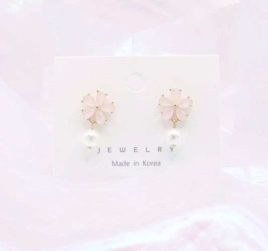 Pink Petit Flower Elegant Pearl Drop Stud Earrings