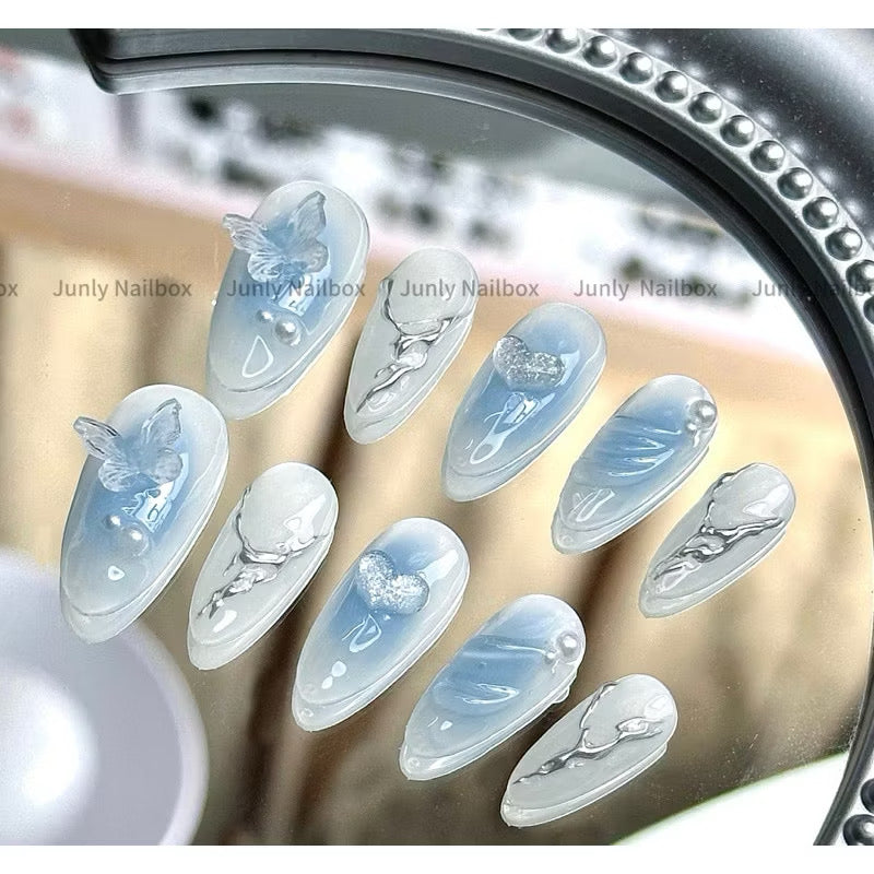 Handmade Blue Bubble Butterfly Press-on Nails