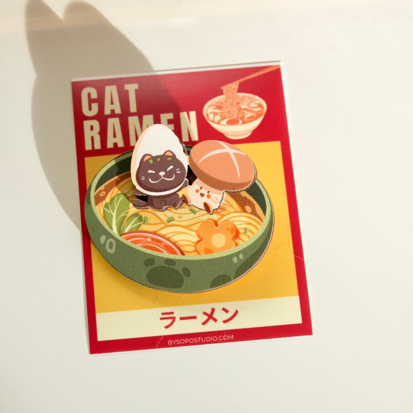 Japanese Food Ramen Taiyaki Black Cat Wooden Pin - 2 layers