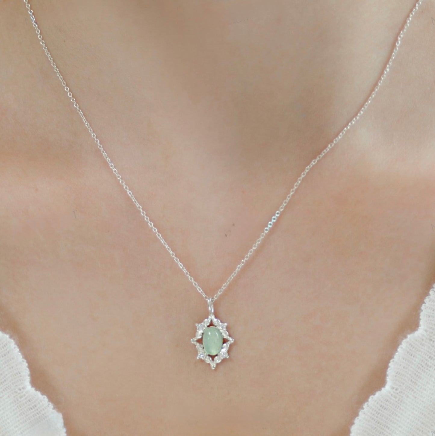 Sterling Silver Natural Stone Royal Romance Elegant Korean Necklace - Agate/Rose Quartz/Aquamarine Stone