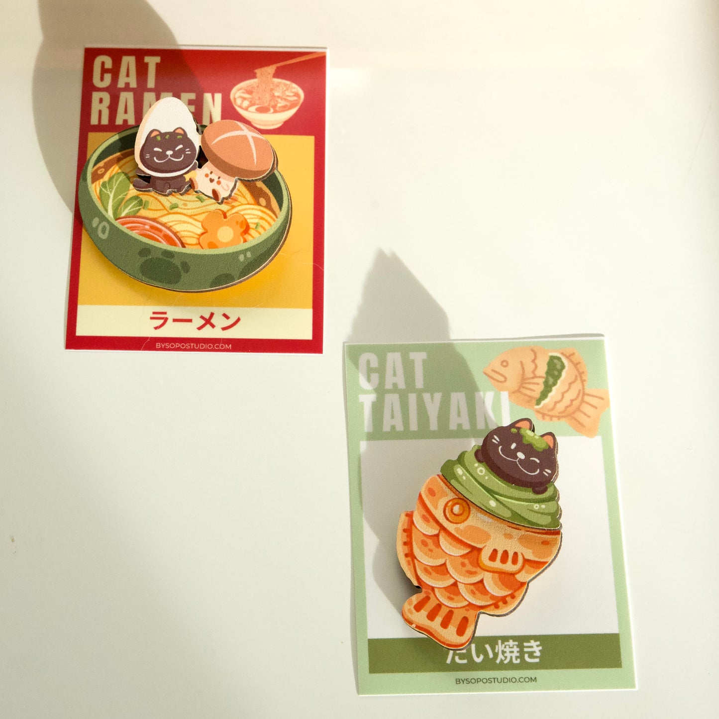 Japanese Food Ramen Taiyaki Black Cat Wooden Pin - 2 layers