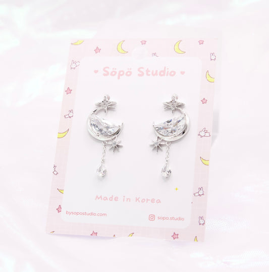 Glass Crescent Moon Planet Dangle Korean Dainty Style Earrings