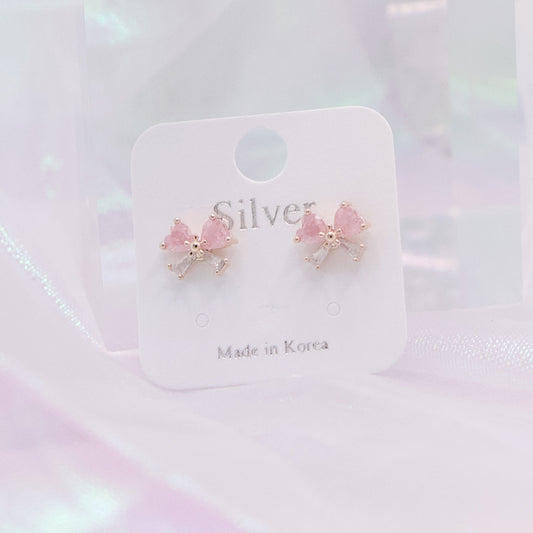 Petit Pastel Pink Cute Crystal Bow Dainty Minimalist Studs Earrings