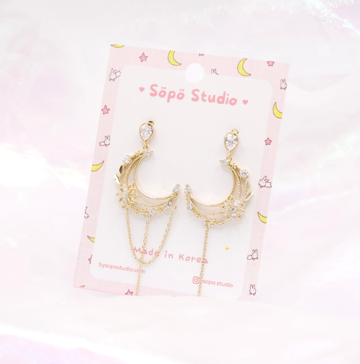 Asymmetric Crescent Moon Chained Drop Dangle Korean Dainty Style Earrings - 2 colors