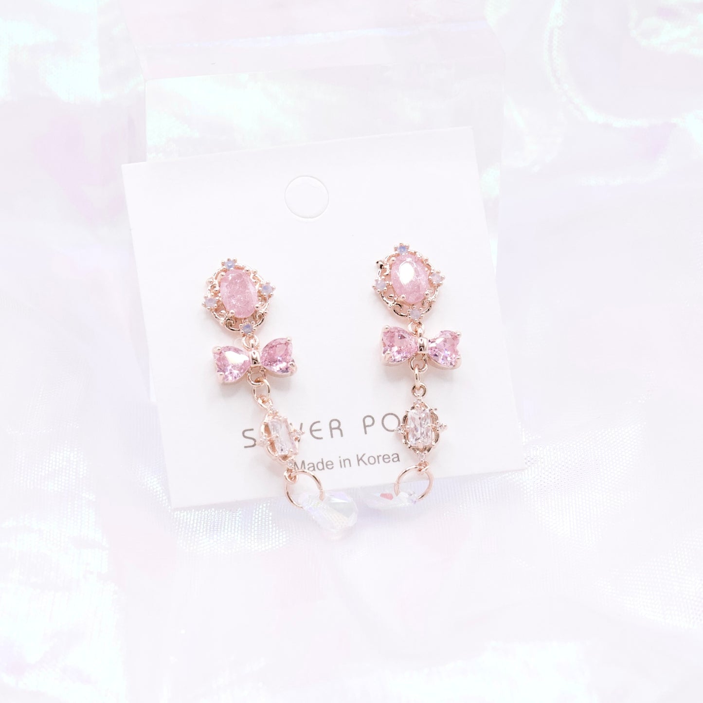 Pastel Pink Crystal Bow Drop Korean Dainty Style Earrings