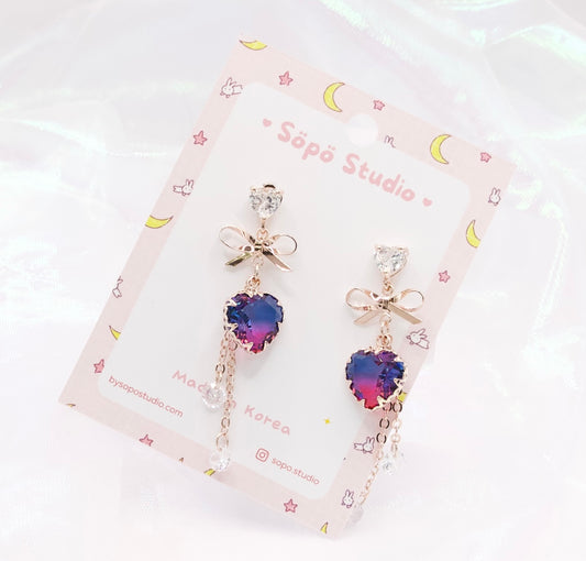 Gradient Blue Purple Heart Bow CZ Kawaii Dangle Korean Dainty Style Earrings