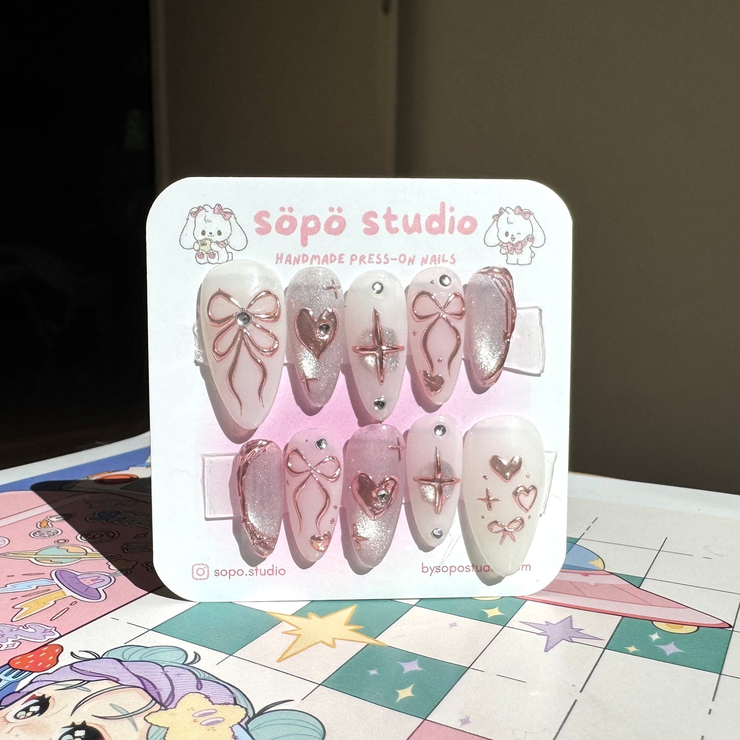 Ballerina Coquette Pink Cat Eyes Ribbon Handmade Press-on Nails