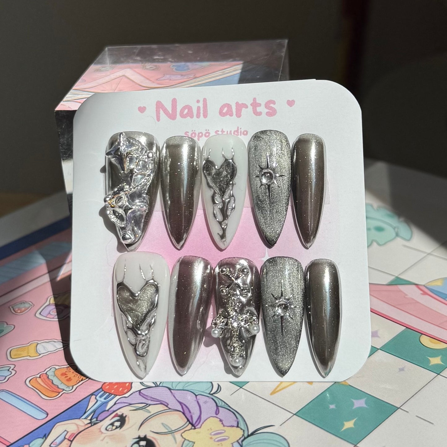 Black Silver Heart Handmade Press-on Nails