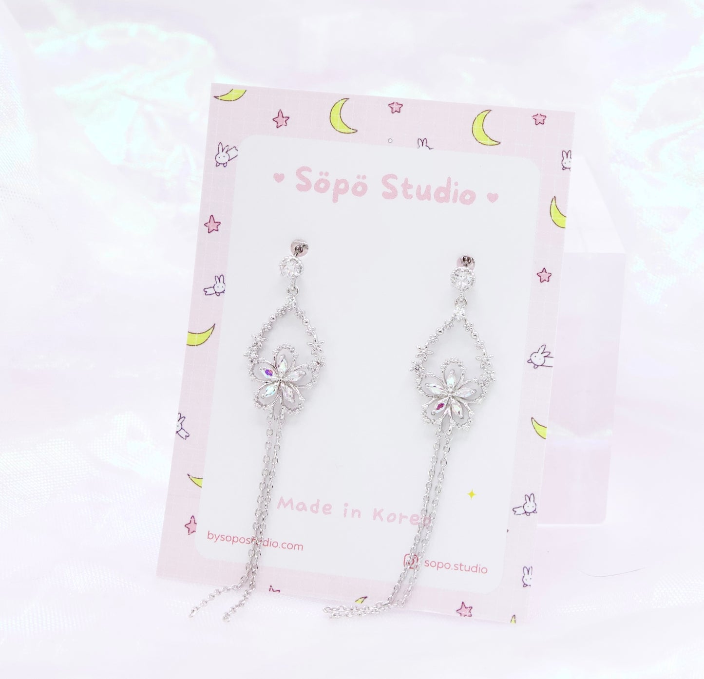 Glass Flower Cute Korean Dainty Style Chain Drops Earrings - 2 Colors