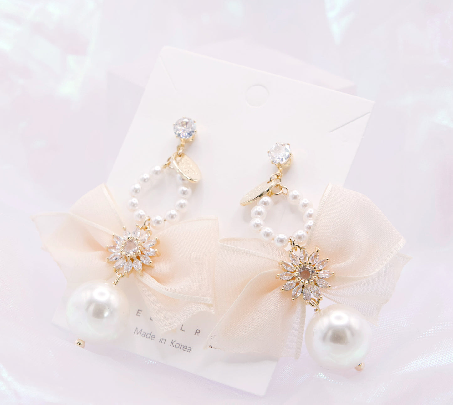 Crystal Charm Bow Pearl Drop Statement Korean Earrings