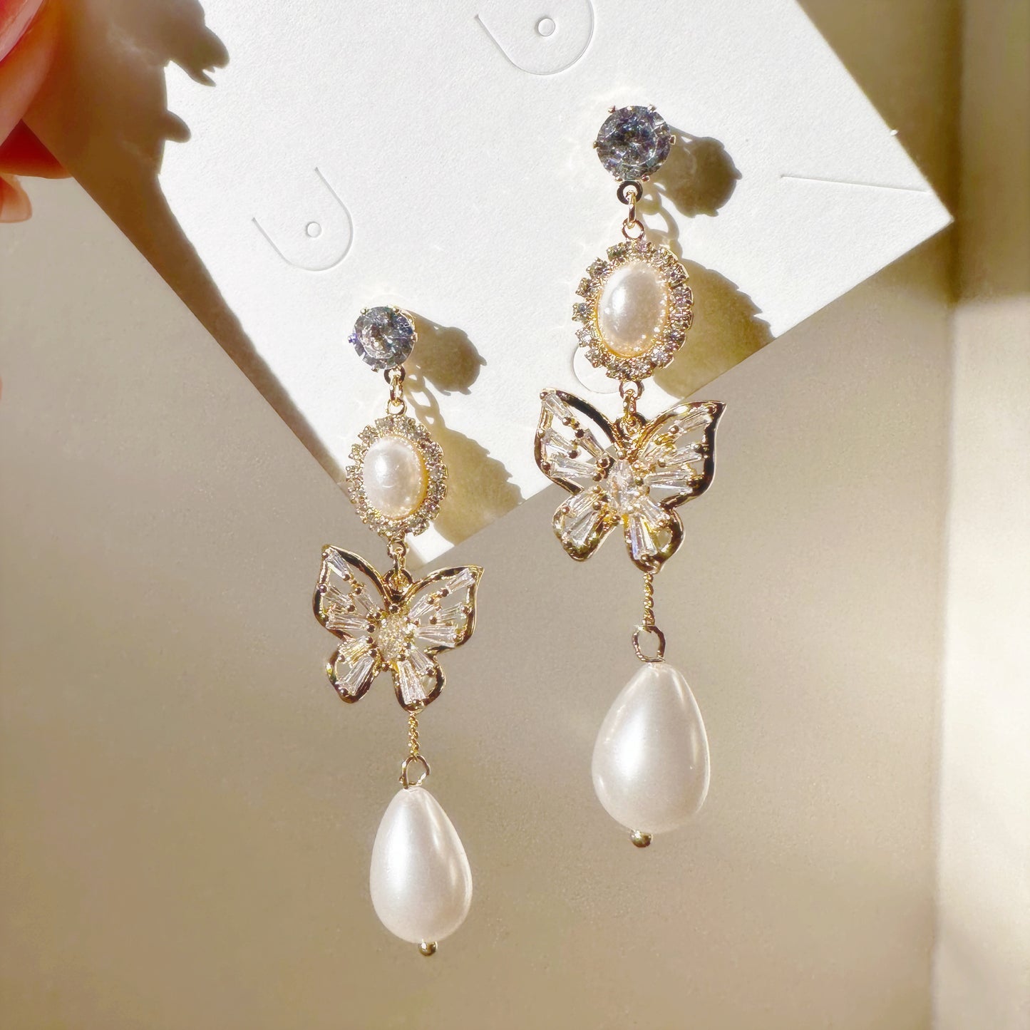 White Butterfly Enchanted Pearl Drop Elegant Bridal Earrings