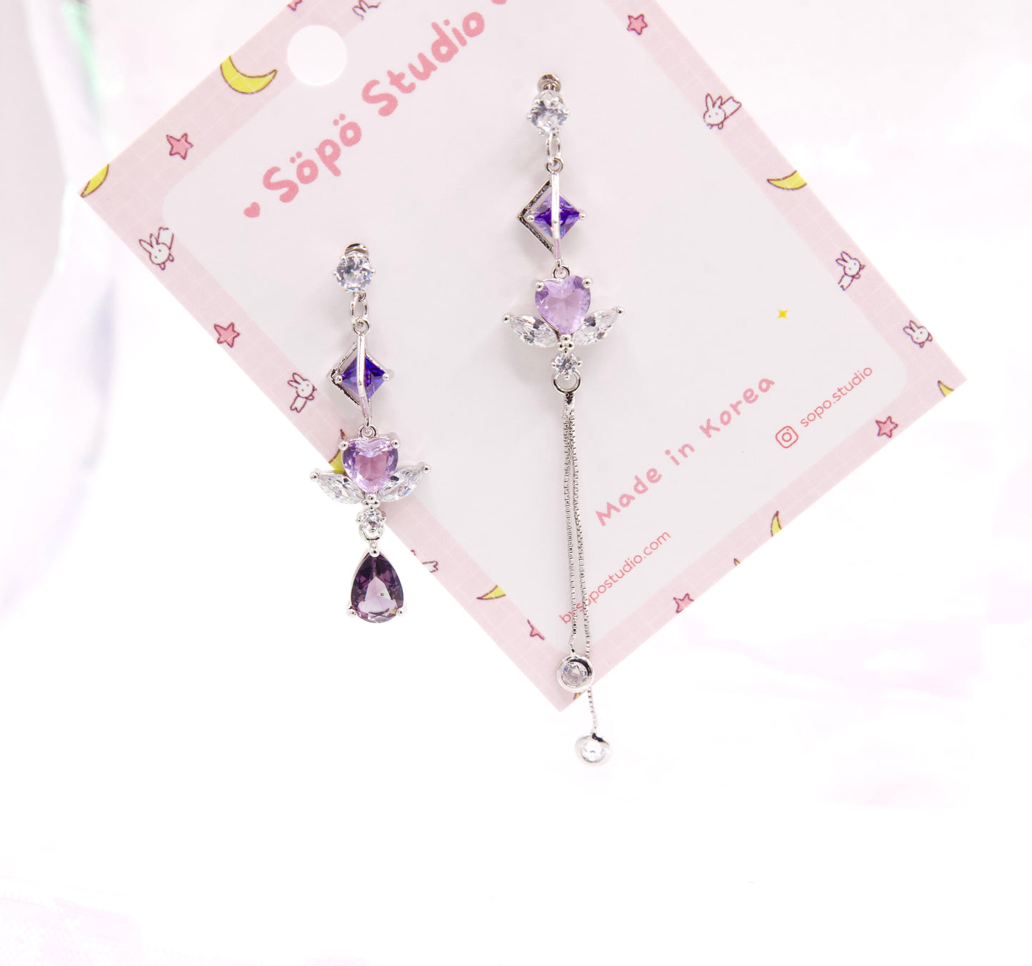 Asymmetric Purple Stone Heart Dangle Korean Dainty Style Earrings