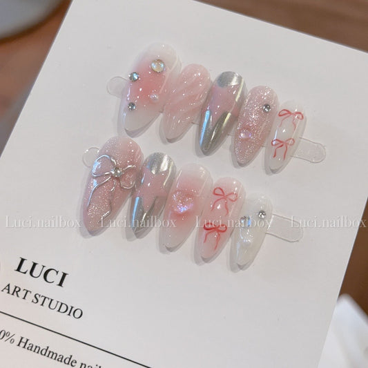 Handmade Cute Ribbon Metalic Star Pink Press-on Nails