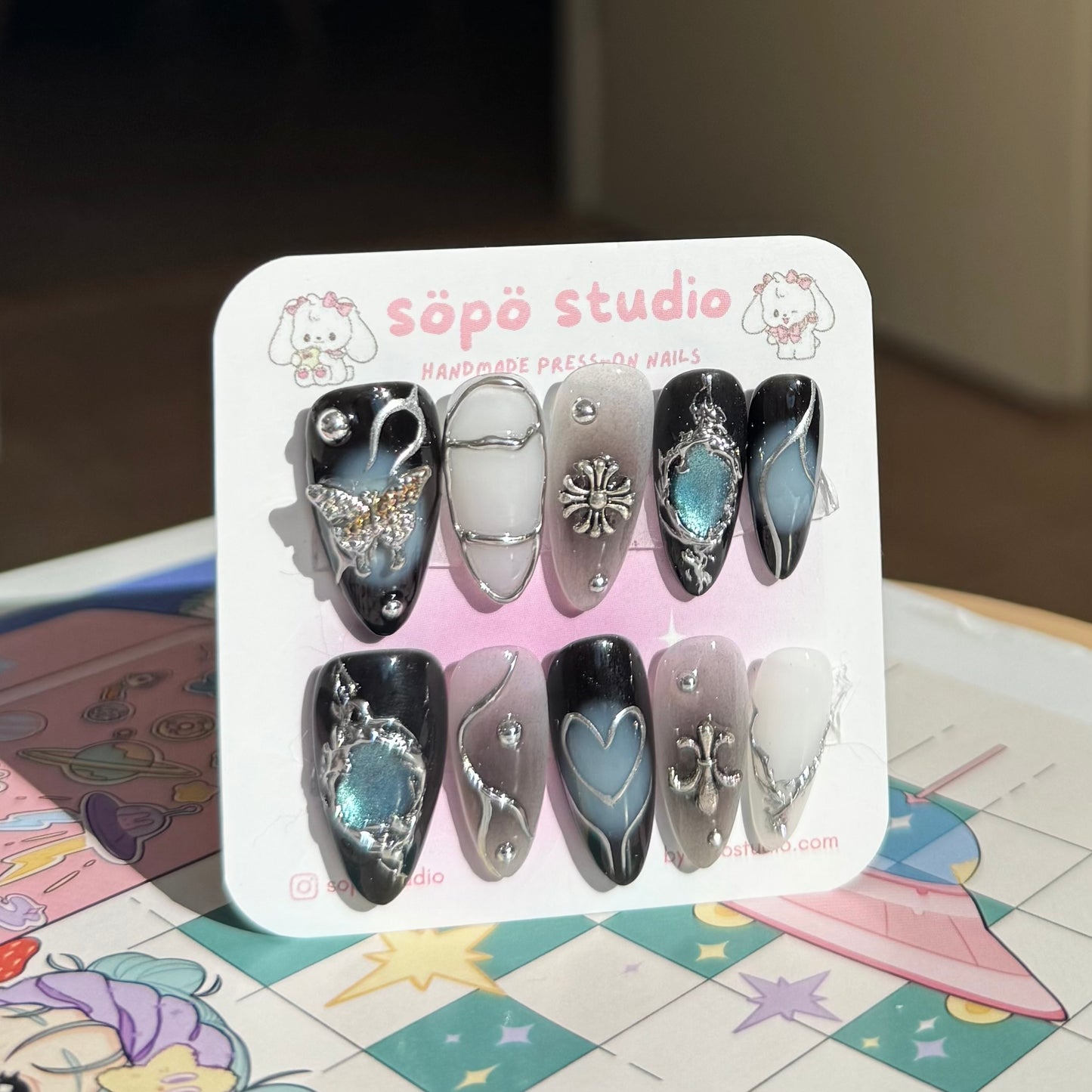 Blue Glitter Butterfly Black Gothic Handmade Press-on Nails