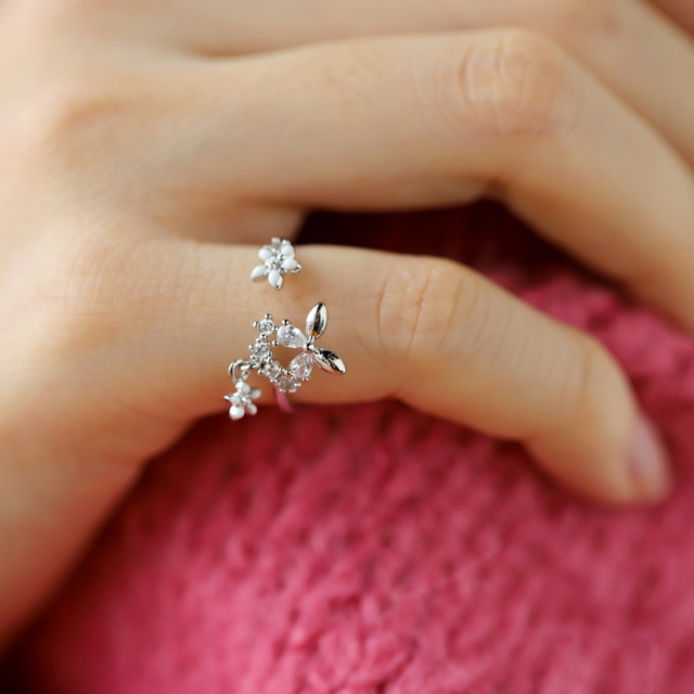 Butterfly Flower Drop Pinkie Ring Made in Korea - 2 colors