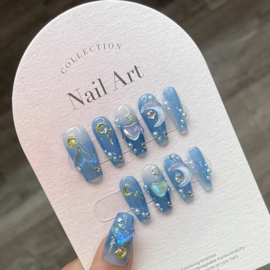 Magical Blue Starry Night Handmade Press-on Nails