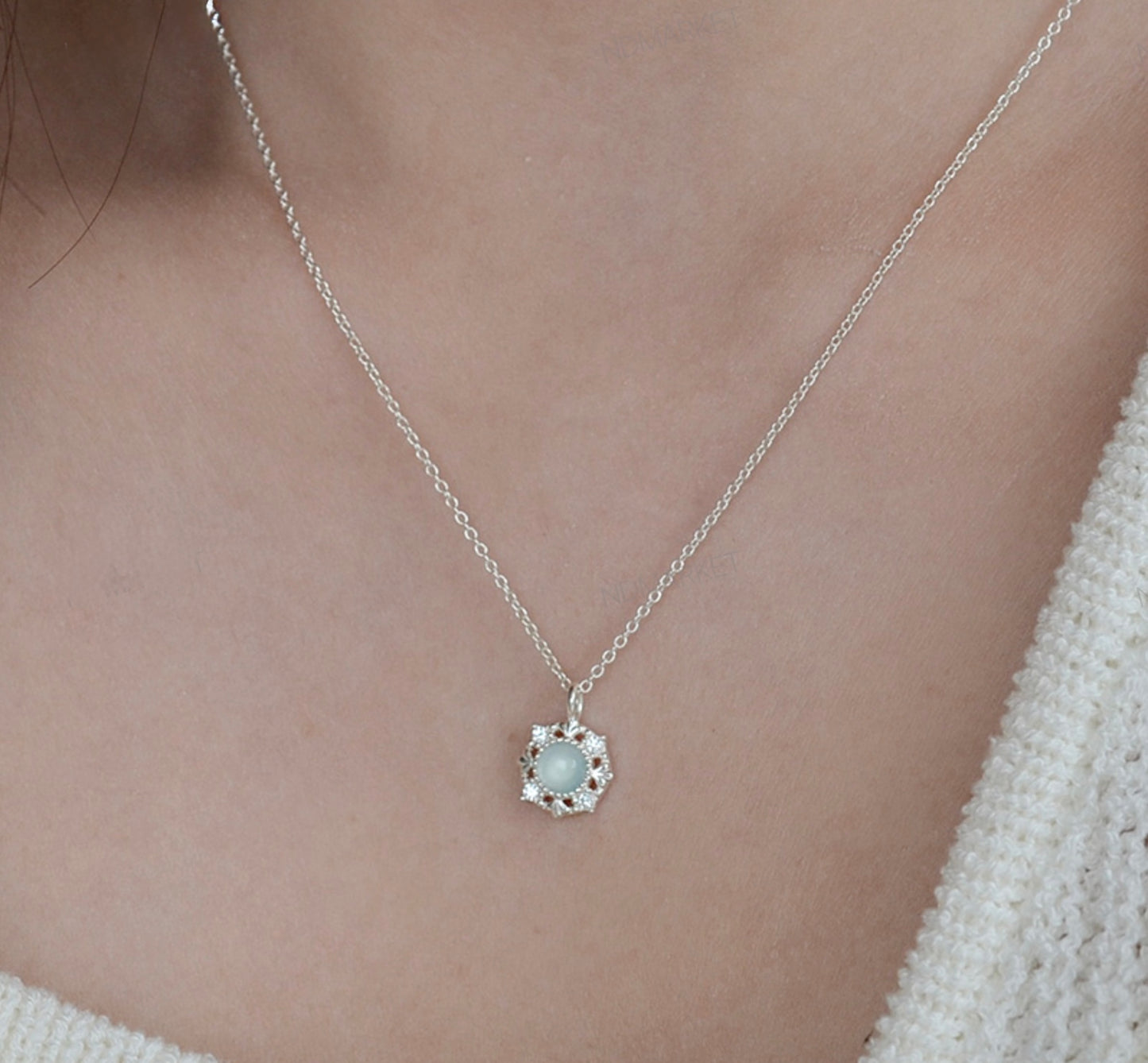 Sterling Silver Natural Stone Royal Romance Elegant Korean Necklace - Aquamarine/Rose Quartz Stone