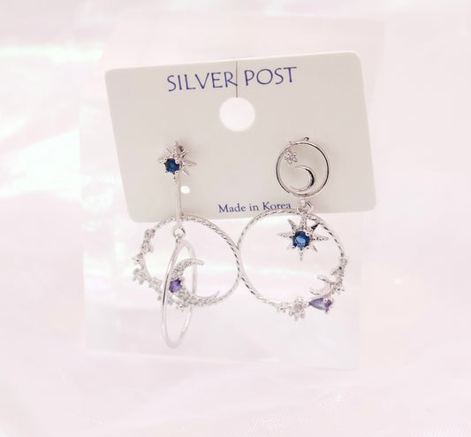 Mis-matched Saphire Blue Moon Planet Princesscore Dangle Korean Dainty Style Earrings