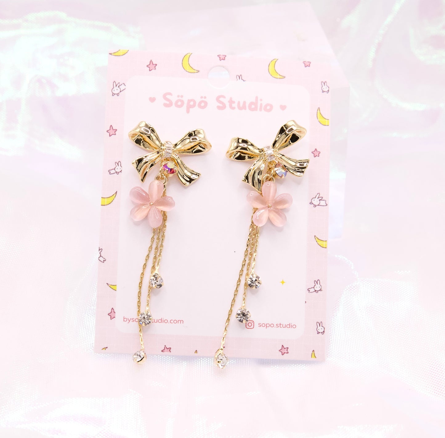 Ribbon Sakura Chain Drop Dangle Korean Earrings