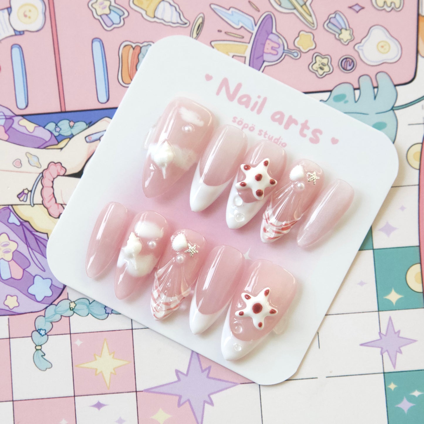 Red Pink Holiday Shellfish Ocean Themed Hand Draw Handmade Press-on Nails