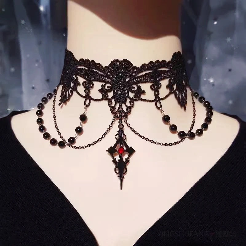 Gothic Charm Victorian Black Lace Choker Necklace