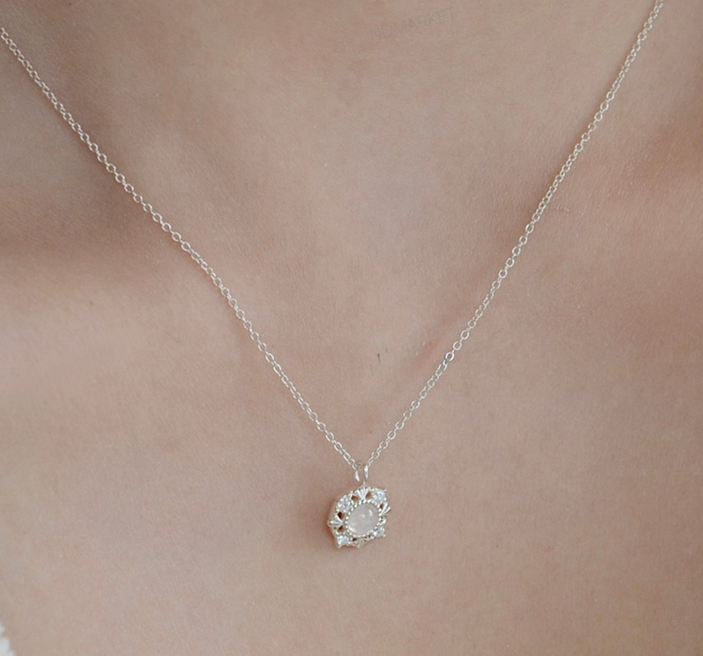 Sterling Silver Natural Stone Royal Romance Elegant Korean Necklace - Aquamarine/Rose Quartz Stone