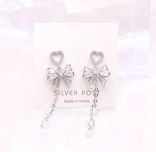 Cute Heart Ribbon Crystal Drop Korean Dainty Style Earrings - Silver Posts