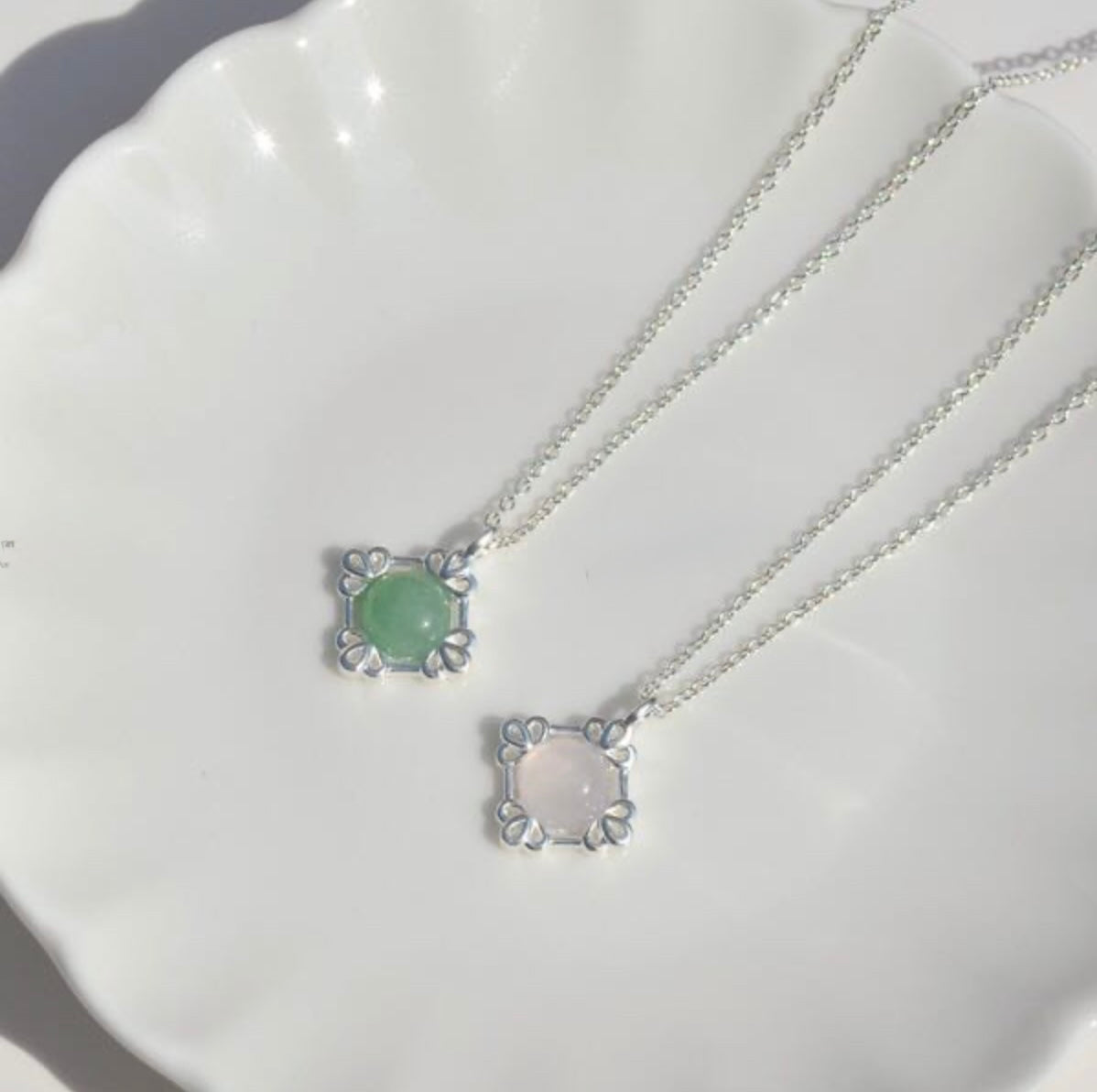 Sterling Silver Natural Stone Royal Romance Elegant Korean Necklace - Agate/Rose Quartz Stone