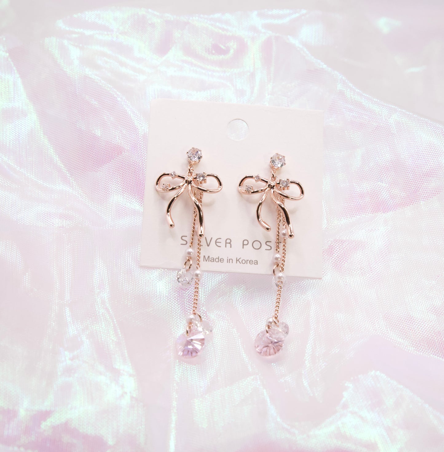 Korean Rose Gold Ribbon Crystal Chained Drop Earrings - Silver posts